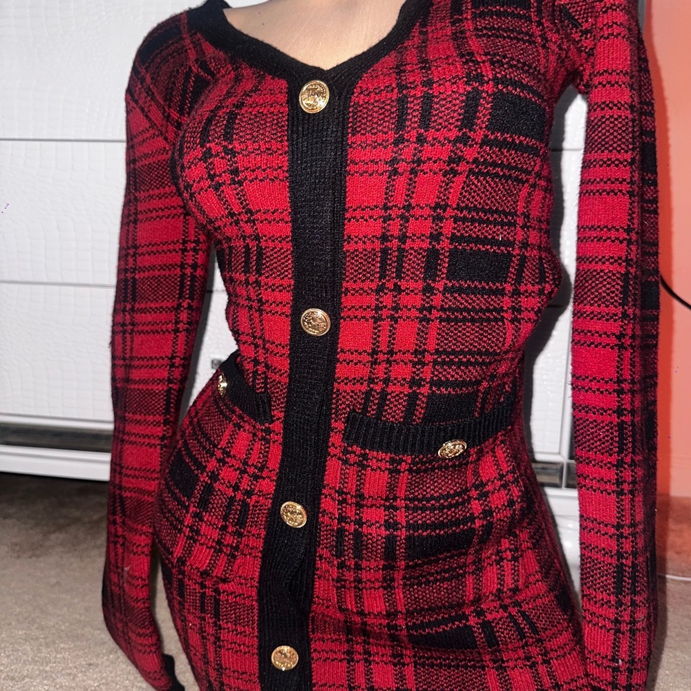 Fashion Nova Red and Black Plaid Long Sleeve Dress